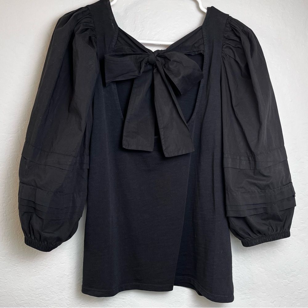 Nation LTD Black Cotton Top Open Back with Bow Puff Sleeve Medium Luxury - Picture 3 of 12